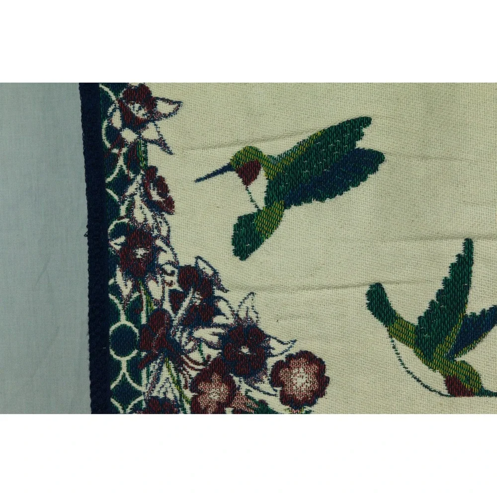 Vintage Woven Hummingbird Tapestry Wall Hanging Floral Nature Decor Cream Blue